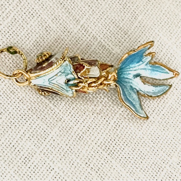 Cloisonné Wiggly Fish Pendant/Charm gold brown turquoise - Picture 9 of 13